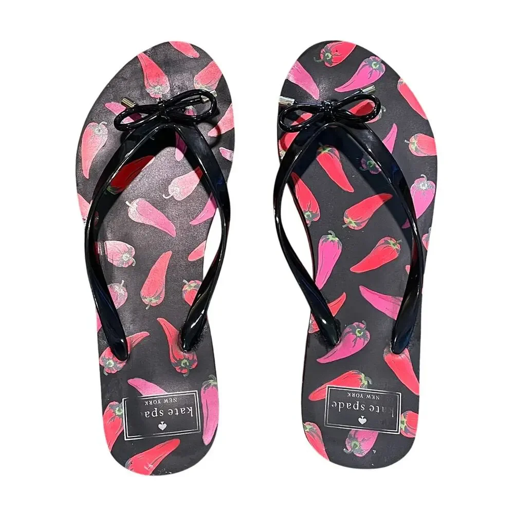 Kate Spade Flip Flops, Black, Red, Chili Pepper Print, Bow Detail, Size 7/8